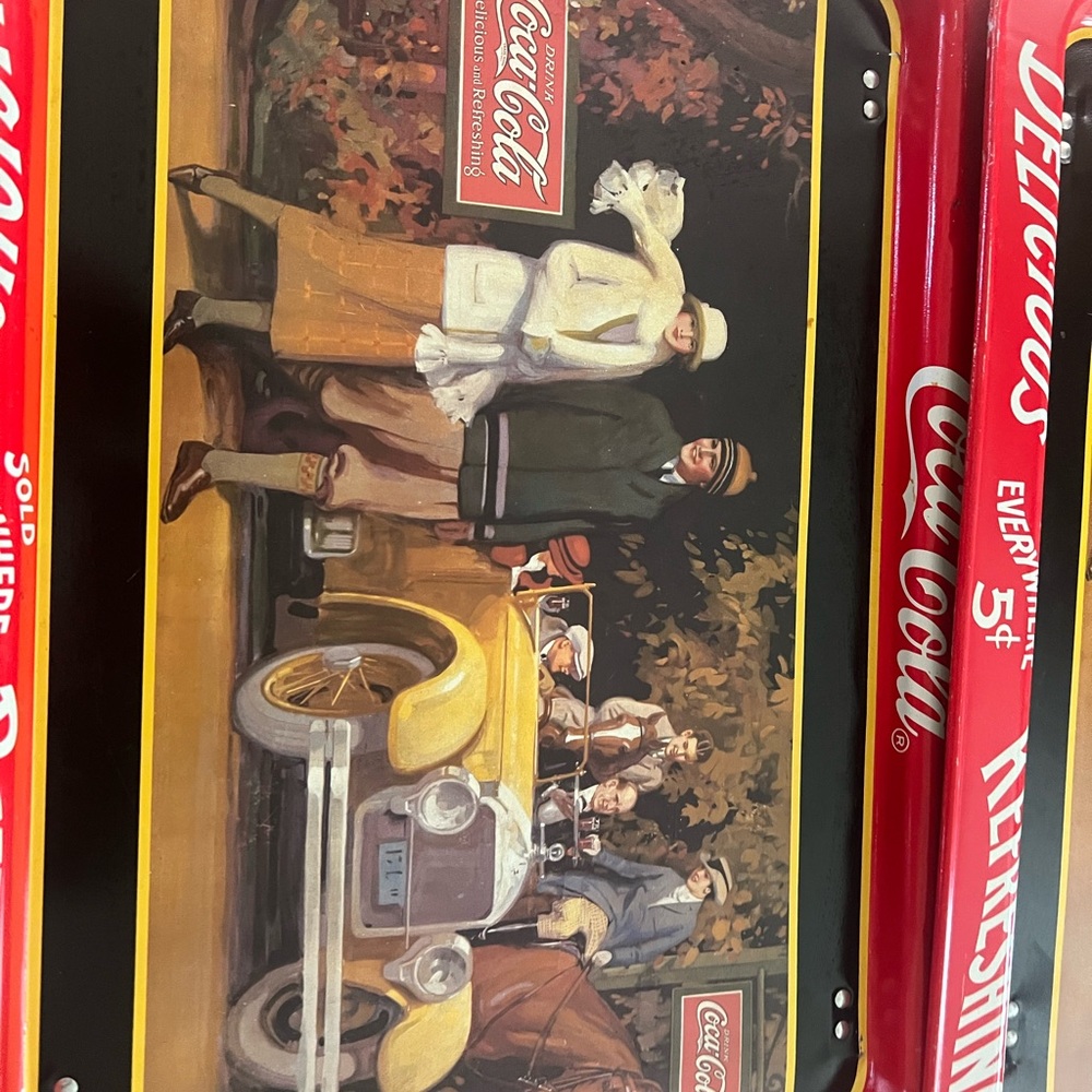 Coca Cola Red and Yellow Retro Metal Serving Tray with Vintage Car Scene
